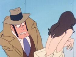 1girls 70s animated breasts clothing covering female human koichi_zenigata lupin_iii male mine_fujiko nipples topwear undressing