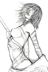 breasts choker demon's_souls female fromsoftware ikeda_masateru maiden_in_black masateru monochrome nipples short_hair sketch solo staff