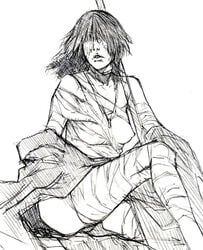 breasts demon's_souls female fromsoftware ikeda_masateru jewelry maiden_in_black masateru monochrome necklace nipples short_hair sitting sketch solo staff