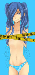 1girls a-suke_(kurata) blue_background blue_hair censored creative_censorship cress_(pokemon) flat_chest hair_over_one_eye low_res panties pokemon police_tape rule_63 shimapan striped_panties tagme topless twintails