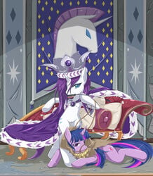 blue_eyes cloak crop crown cutie_mark equine female friendship_is_magic hair harness horn horse jinzhan multicolored_hair my_little_pony nipples pony purple_eyes purple_hair pussy rarity_(mlp) rope royalty straight_hair twilight_sparkle_(mlp) unicorn