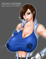 1girls alternate_breast_size asian asian_female big_breasts blush breasts brown_eyes brown_hair cleavage dsk female female_only gigantic_breasts huge_breasts japanese_female kazama_asuka lactation large_breasts lipstick solo tekken tomboy