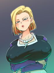 1girls android_18 big_breasts blonde_hair blue_eyes breasts clothed curvaceous dragon_ball dragon_ball_z female female_only looking_at_viewer nipples_visible_through_clothing rickert_kai shiny_skin short_hair simple_background voluptuous