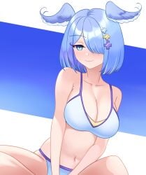 1girls bikini blue_hair bob_cut breasts cleavage daru_(jdthunderhawk) dragon_girl elira_pendora female female_only hair_over_one_eye head_wings light-skinned_female light_skin mole mole_on_armpit navel nijisanji nijisanji_en short_hair sitting solo swimsuit virtual_youtuber white_bikini