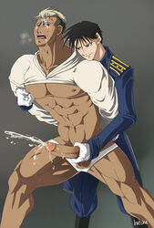 2boys balls_out black_hair blonde_hair blush cumshot erect_nipples erection exposed_nipples facial_scar from_behind fullmetal_alchemist gay gloves gray_hair handjob hands_behind_back hotcha human human_only interracial large_penis male male_only mouth_open multiple_males muscles nipple_pinch orgasm_face pale-skinned_male reach_around roy_mustang saliva_drip scar scar_(fma) shirt_up shorts_down speedo tagme tan_skin thick_thighs two_tone_hair yaoi