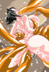 anal ass bakuretsu_tenshi black_hair blue_eyes breasts female hair_ribbon highres huge_breasts lips nipples nude ponytail pussy ribbon sei_(bakuretsu_tenshi) sex short_hair tentacle tied_hair tongue tongue_out vaginal_penetration