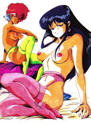 2girls blue_hair breasts cd007 curvaceous dark-skinned_female dark_skin dirty_pair duo female hair headband human kei_(dirty_pair) large_breasts light-skinned_female light_skin long_hair looking_at_viewer multiple_girls nipples pubic_hair red_hair short_hair sitting tomboy yuri_(dirty_pair)