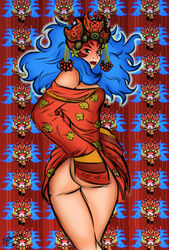 1girls 2011 apple_butt blue_hair detailed_background face_markings female functionally_nude head_ornament looking_at_viewer looking_back oddrich pucca_(franchise) red_eyes ring_ring solo_female tagme thick_lips