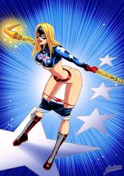 1girls arabatos blonde_hair blue_eyes courtney_whitmore dc dc_comics female female_only justice_society_of_america long_hair smile solo stargirl uncensored