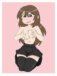 blush breast_grab breasts emirichu grabbing_own_breast kneeling on_knees pink_background skirt stockings thrumbo topless youtube youtuber