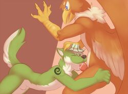 anthro avian canine closed_eyes cum cum_in_mouth cum_inside duo erection fellatio fur furry furry_only gay green_fur gryphon hand_on_head harlem hat male no_humans nude oral oral_sex penis sex sheath standing tattoo wolf