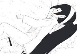 black_and_white blush boruto:_naruto_next_generations closed_eyes female female_only headband human itoi_tsuru jacket legs long_hair lying naruto solo solo_focus sweat