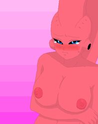 1girls black_sclera blue_eyes blush breasts closed_mouth color dragon_ball dragon_ball_z female female_majin_buu female_only front_view furipa genderswap humanoid looking_at_viewer majin majin_buu nipples nude open_eyes pink_nipples pink_skin red_eyes round_ears rule_63 solo tear