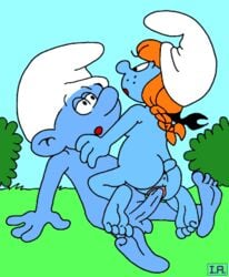 animated anus blue_skin female hanna-barbera ia male orange_hair outdoors penis pussy sassette sex smurf straight tagme testicles the_smurfs toony young