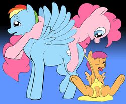 equine female female_focus female_only friendship_is_magic my_little_pony peeing peeing_on_another pegasus pinkie_pie_(mlp) pony rainbow_dash_(mlp) scootaloo_(mlp) sitting sitting_in_urine smooth_skin suzienymph trio trio_female trio_focus urinating urinating_female urination urine urine_pool urine_stream what wings