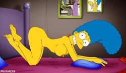 accurate_art_style all_fours bed blue_hair breasts color female female_only hair human indoors marge_simpson nipples nude pat_kassab side_view smile solo tagme the_simpsons yellow_skin