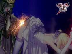 artoria_pendragon artoria_pendragon_(saber) blonde blonde_female blonde_hair blonde_hair_female dress fate/stay_night fate/unlimited_blade_works fate_(series) female_only from_behind garter_belt medea_(fate) saber skirt skirt_lift smile thighhighs tied type-moon wedding_dress white_dress white_garter_belt white_skirt