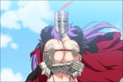 animated animated_gif big_breasts breasts greathelm helmet hentai kabuto_fujiko medieval_armour plume purple_hair screenshot sei_brunehilde_gakuen_shoujo_kishidan_to_junpaku_no_panti_~kacchuu_ojousama_no_zecchou_omorashi~