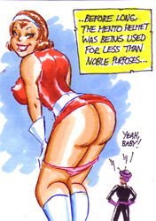 ass big_ass boots breasts brown_hair dat_ass dc dc_comics dessa doom_patrol earrings elasti-girl english_text giantess gloves hypnosis hypnotized joe_gravel large_breasts mento mind_control no_panties panties_down rita_farr short_hair size_difference sketch_card smile steve_dayton tiara