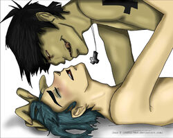 2boys 2d_(gorillaz) azure_hair blue_hair gorillaz male murdoc_niccals upside_down_cross yaoi