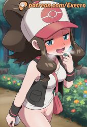 1girls 2d aged_up ai_assisted ai_generated anime anime_style blue_eyes brown_hair cap casual_exposure casual_nudity clothes_on day execro female forest game_freak hi_res highres hilda_(pokemon) long_hair medium_breasts nintendo no_panties novelai outdoors pantyless patreon pink_pussy pokeball pokemon pokemon_bw pokemon_trainer pov pussy pussy_peek road soft_breasts solo solo_female trees uncensored vagina watermark
