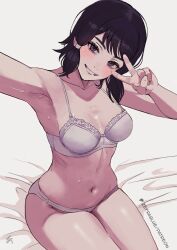 bed black_eyes black_hair chainsaw_man lingerie looking_at_viewer medium_breasts mifune_fumiko peace_sign selfie smiling tagme thick_thighs zefra_bleu