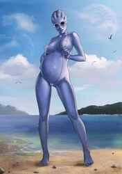 asari barefoot beach bloocarrot blue_skin liara_t'soni looking_at_viewer mass_effect micro_bikini pregnant ready_to_pop see-through_clothing see-through_swimsuit solo_female sunglasses