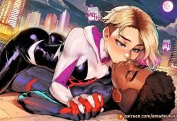 hetero holding_hands 1boy male human_on_anthro blonde_hair city kiss breasts duo eyebrow_piercing piercing 1girl sky interlocked_fingers dark-skinned_male asymmetrical_hair hair clothing hooded_bodysuit text interracial blue_eyes bodysuit patreon_username undercut night superhero building hood eyes_closed girl_on_top sidecut hand_holding black_hair moon female spider_web_print very_dark_skin spider-man_(series) male/female short_hair dark_skin blush kissing marvel <3 ass ai_generated amadeus_v comic spider-man spider-gwen gwen_stacy miguel_o'hara cheating netorare ntr