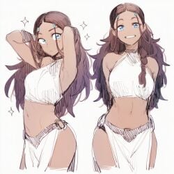 1girls ai_generated arms_behind_head avatar_the_last_airbender bare_shoulders blank_background blue_eyes brown_hair crop_top dark_skin female female_only katara lapis_slopzuli long_hair looking_at_viewer midriff multiple_views navel pelvic_curtain smile sparkle sparkle_background thick_eyebrows uravity98114