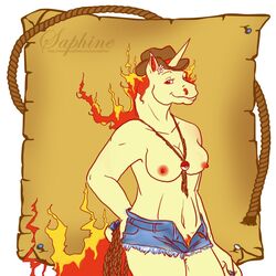 1girls anthro artist_name bolo_tie breasts cleavage female female_only fiery_hair fiery_tail fire fire_hair flower fur furry furry_breasts hat horn looking_at_viewer navel nipples open_eyes pokemon rapidash red_eyes rope saphine short_shorts small_breasts solo tail text topless