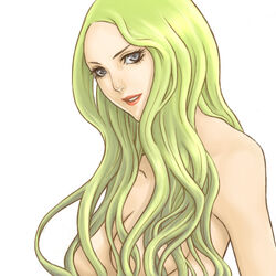 blonde_hair breasts bust_portrait claymore covering_nipples female female_only hair_over_breasts human large_breasts lipstick nude pale_skin silver_eyes solo tagme teresa_(claymore)