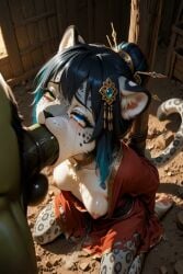 ai_generated animated anthro arms_behind_back black_hair blue_eyes blue_hair bound_arms captive cum cum_in_mouth cum_vomit deepthroat english_dialogue face_fucking fight forced_oral furry gasp green_eyes hair_accessory hair_bun heterochromia kneeling orc orc_male robe saliva saliva_trail snow_leopard sound tagme tongue_out two-tone_hair video