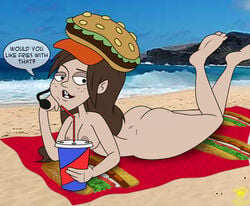 1girls accurate_art_style beach bigtyme blue_sky buckteeth burger_hat dan_vs. dark_brown_hair day dialogue dimples_of_venus disposable_cup drinking_straw english_text feet_up female_only freckles freckles_on_face hat_only headset_microphone headwear_only hortense human_only long_hair looking_at_viewer lying lying_on_stomach naked_hat naked_headwear nude nude_female ocean on_stomach outdoor_nudity outdoors photo_background question solo speech_bubble tagme