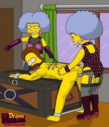 drawn-hentai female human male ned_flanders patty_bouvier pegging selma_bouvier the_simpsons