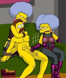 1boy 2girls bdsm dominatrix drawn-hentai female human male ned_flanders patty_bouvier selma_bouvier straight the_simpsons