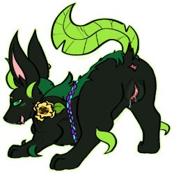 anus ass belt black_body black_fur blush blush_lines bodily_fluids drooling ear_piercing eeveelution female feral flower fur generation_4_pokemon generation_5_pokemon genital_fluids genitals green_blush green_body green_fur green_tail hi_res humanoid_genitalia humanoid_vulva leaf leaf_tail leafeon looking_back nintendo piercing plant pokemon pokemon_(species) presenting presenting_hindquarters quadruped randompasserbyer rope rope_belt saliva solo spryggis_(randompasserbyer) tail trans_(lore) trans_man_(lore) vaginal_fluids vulva zorua