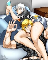 1boy 1boy1girl 1female 1girls 1male adult adult_female aged_up ass bed big_ass big_breasts blue_eyes braid braided_hair breasts couple dat_ass eye_scar female head_between_legs head_between_thighs im_this_clingy_(meme) jaune_arc long_legs looking_at_phone lying_on_bed meme meme_reference noodledoodles older_female pleased_expression rooster_teeth rwby short_shorts shorts sketch thick_hips thick_thighs viz_media weiss_schnee white-haired_female white_female white_hair white_hair_female