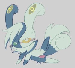 2_tails anonymous_artist anthro blush blush_lines bodily_fluids felid generation_9_pokemon genitals lying male mammal mega_evolution mega_meowstic mega_nyaonix meowstic multi_tail nintendo nyaonix penis pokemon pokemon_(species) raised_leg simple_background solo split_color spreading sweat sweatdrop tail tapering_penis