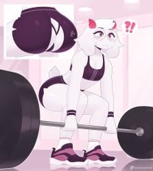 2d 2d_(artwork) crossdressing crouching deltarune exqmaster femboy fur furry furry_only g_string gym gym_clothes gym_shorts horns lifting_weights purple_eyes ralsei ripping shoes sports_bra suprised sweat sweatdrop thick_ass thick_thighs thong tight_fit undertale_(series) wardrobe_malfunction white_fur wristband