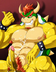 1boy bowser cum cum_on_body cum_on_penis cum_on_self erection green_shell horns koopa male male_only mario_(series) nintendo nipples no_humans nude penis scalie shell shootingstar solo spiky_shell tagme