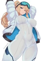 1girls alternate_costume arms_up blonde_hair blue_eyes blue_jacket bodysuit breasts commentary covered_erect_nipples covered_navel cowboy_shot down_jacket english_commentary fully_clothed goggles highres hourglass_figure hourglass_figured_female jacket large_breasts long_hair metroid navel nintendo open_clothes open_jacket panties panties_under_bodysuit panties_visible_through_clothing pantylines ponytail puffy_coat quilted_jacket samus_aran see-through_bodysuit see-through_clothes ski_goggles stretching thick_thighs translucent_clothing two-sided_fabric two-sided_jacket underwear voluptuous_female white_background white_bodysuit white_jacket white_panties winter_clothes zelc-face zero_suit zero_suit_samus