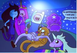 2boys 4girls adoptive_siblings adventure_time backpack bag blonde_hair female finn_the_human gay human jake_the_dog lady_rainicorn lumpy_space_princess male marceline pale_skin poorly_drawn princess_bubblegum technical_incest