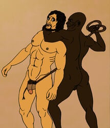 2boys arm_around_neck backsack bald beard beige_skin black_hair crixus dark-skinned_male doctore erect_nipples facial_hair facial_scar flaccid mustache nude rope_pull spartacus:_blood_and_sand tied_penis tranetrax yaoi