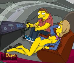 barney_gumble breasts chloe_talbot clothes color drawn-hentai female helicopter human male penis sitting straight tagme the_simpsons vulva yellow_skin