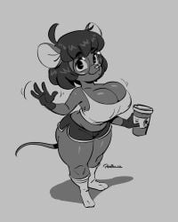 anthro coffee_cup glasses gwen_martin gym_clothes hi huge_breasts joaoppereiraus monochrome shorts