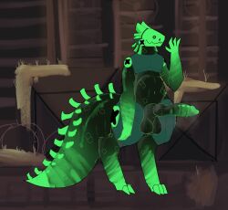 anthro big_penis genitals green_body green_lizard_(rain_world) hi_res knot knotted_penis lighthouseheat lizard lizard_(rain_world) machine male male_focus male_only penis pregnant_male protogen protogen_visor rain_world reptile scalie solo videocult