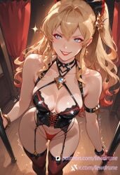 ai_generated black_lingerie blue_eyes bustier exposed_skin female g-string garter_straps gold_earrings granblue_fantasy lewdrune long_blonde_hair red_g-string red_lingerie red_stockings solo stockings