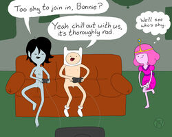 1boy 2girls adventure_time casual casual_nudity coldfusion electronics female finn_the_human flaccid footwear headwear human male male_and_female_focus marceline mostly_nude nonsexual_nudity nudism nudist pale_skin penis pink_hair pink_skin playing_videogame princess_bubblegum pussy testicles uncensored wholesome young young_marceline young_princess_bubblegum