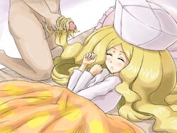 bed caitlin_(pokemon) clothes color elite_four female hairjob hat human kneeling male masturbation nude penis pokemon pokemon_bw sheets sleep_molestation tagme