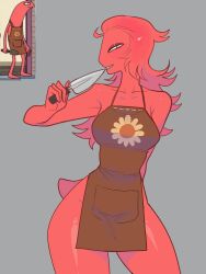 1girls 2d alan_(smiling_friends) apron apron_only bottom_heavy contrapposto cowboy_shot critter digital_media female female_only gardening_tools genderswap genderswap_(mtf) grey_background heretic_idan humanoid long_hair naked_apron red_body red_skin reference_image rule_63 sharp_teeth shiny_skin simple_background smiling_friends solo tail thick_thighs wide_hips